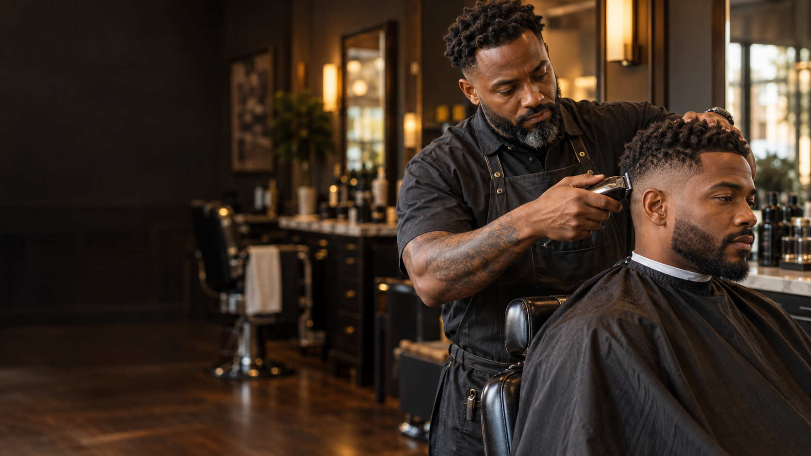 Illustrative photograph of a barber giving a fresh haircut in a warmly lit shop